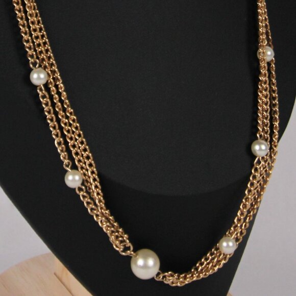 Vintage Emmons Gold-Tone Chain & Faux Pearl Necklace 23" - Picture 4 of 8